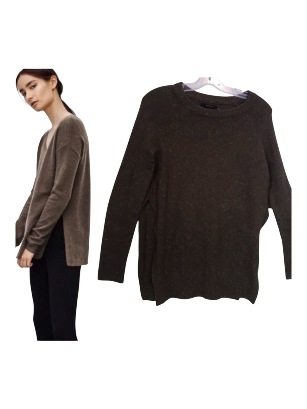 Aritzia TALULA Cashmere Wool Crew Neck Side Slits Speckled Relaxed Sweater Knit